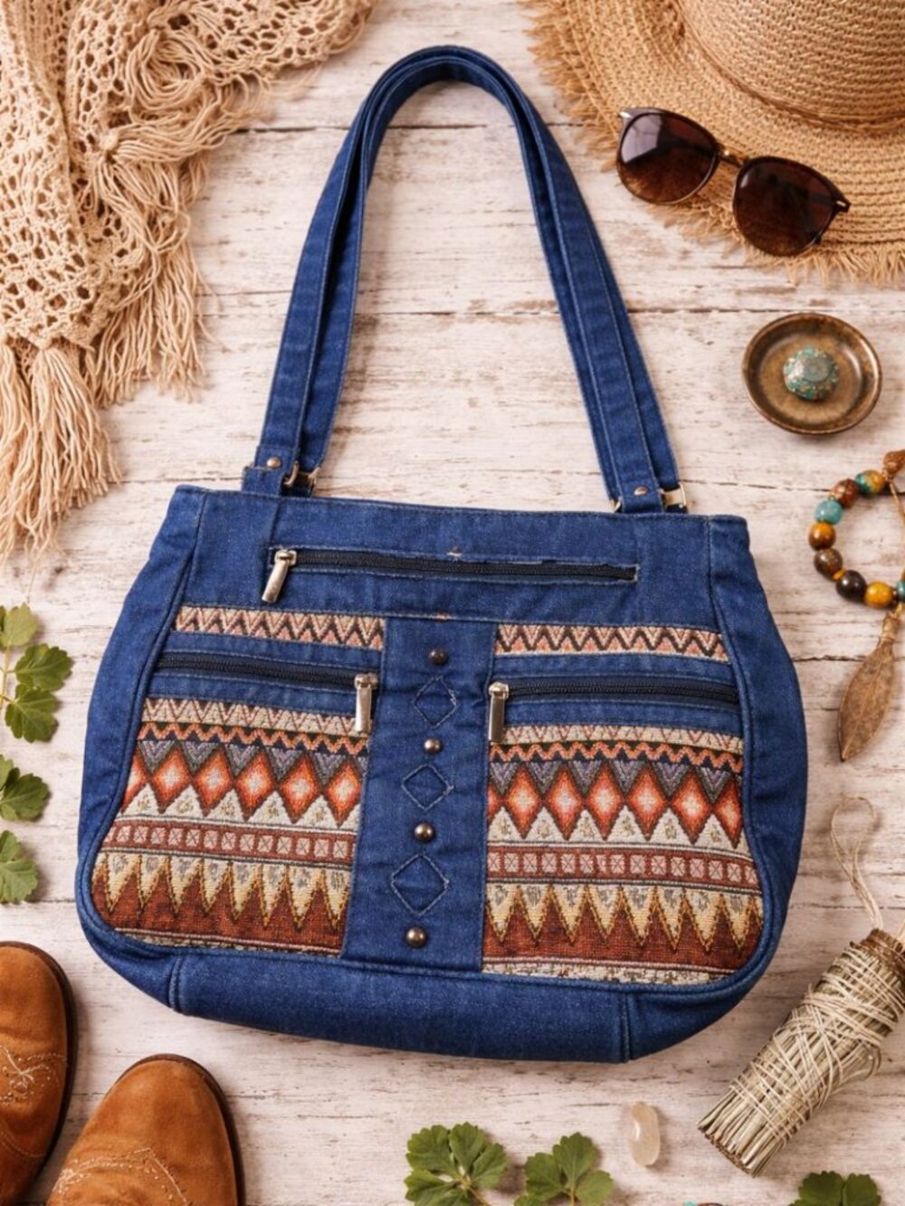 Southwest Aztec Tapestry Denim Shoulder Bag Boho Western Tribal Purse